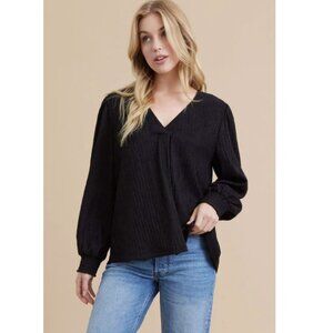 Jodifl Solid Color Striped Textured Blouse - Black - Medium